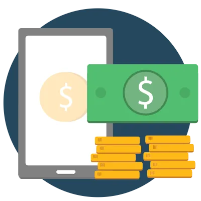 Illustration of a mobile device, dollar bill and stack of coins