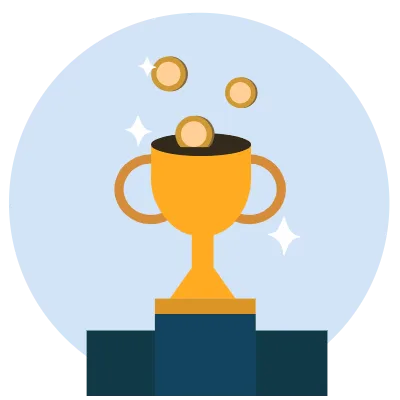 Illustration of a first place trophy with floating coins