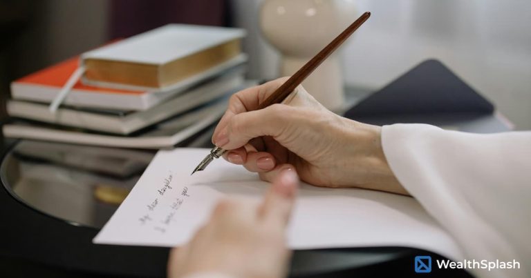 Person writing with a fountain pen on paper, with stacked books nearby on an indoor surface: letter writing side hustle