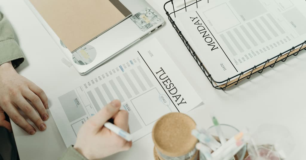 Professional planning the week using detailed schedule planners in an office workspace