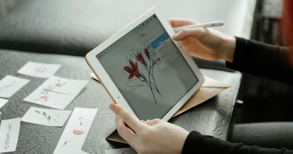 Close-up of hands editing floral sketches on a tablet in a creative studio environment